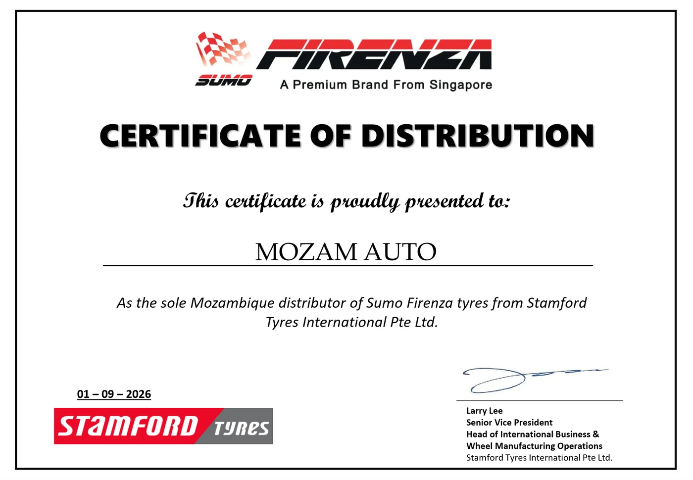 Certificado de distribuição exclusiva dos pneus Sumo Firenza em Moçambique, emitido pela Stamford Tyres International