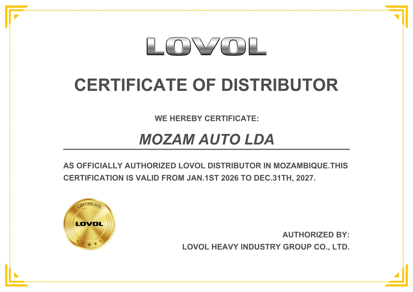 Certificado de distribuidor oficial Lovol em Moçambique, válido de 2026 a 2027