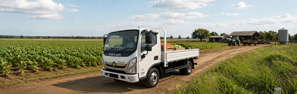 Foton Aumark BJ1065 Dropside carregado com caixas de hortícolas numa estrada rural