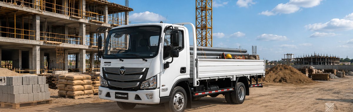 Foton Aumark BJ1088 Dropside carregado com tubos e materiais num estaleiro de construção