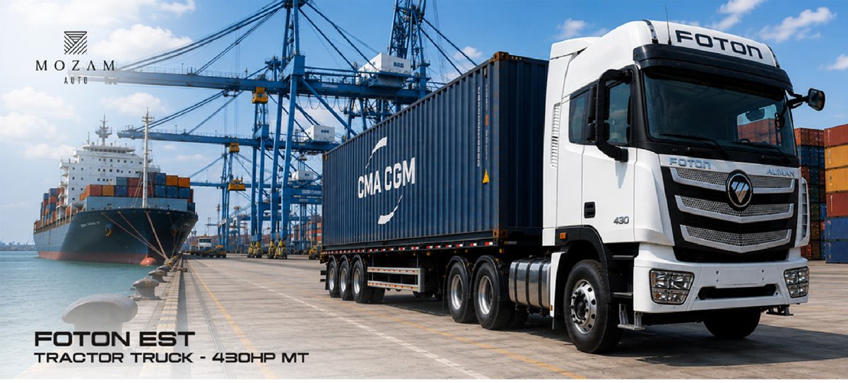 Foton EST 430HP junto ao cais, pronto para transportar um contentor CMA CGM