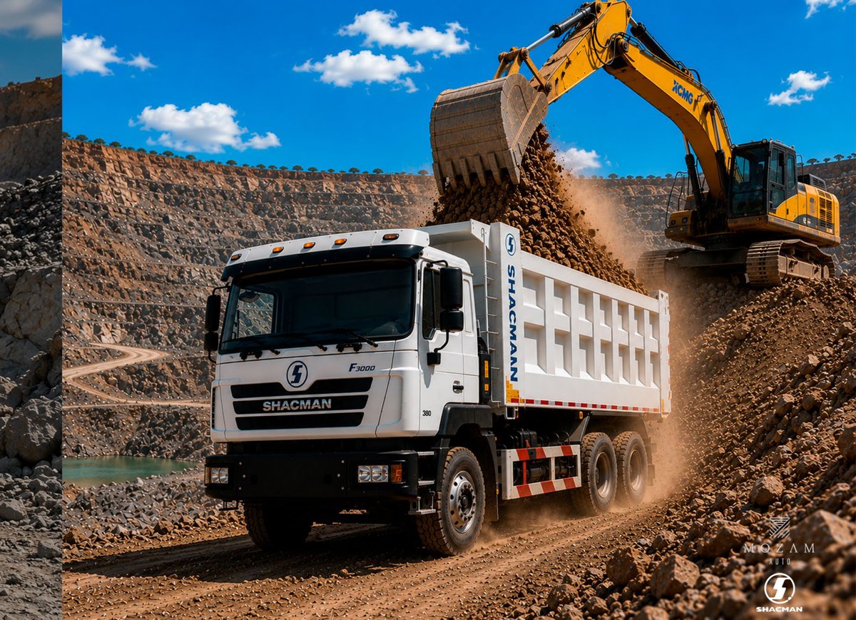 Shacman F3000 6x4 a ser carregado por escavadora numa pedreira