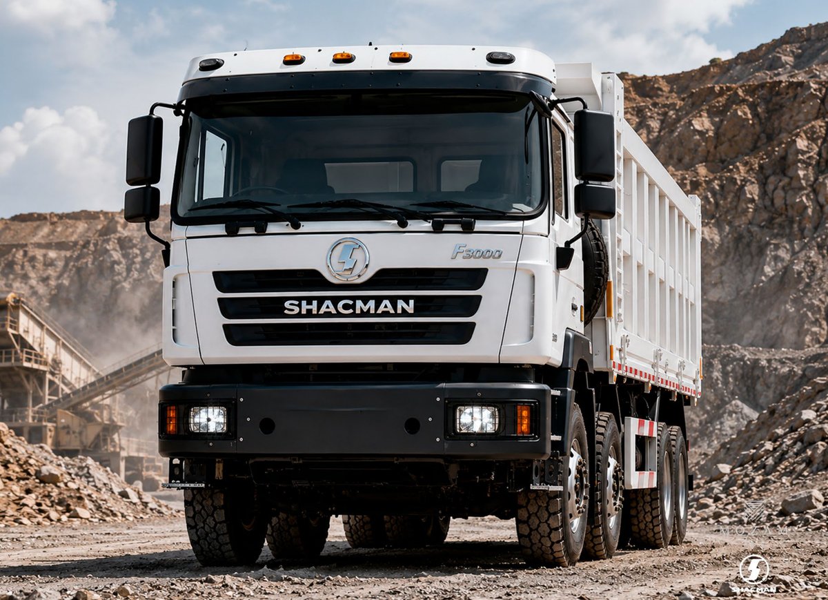 Shacman F3000 8x4 parado numa pedreira, junto a estrutura de britagem